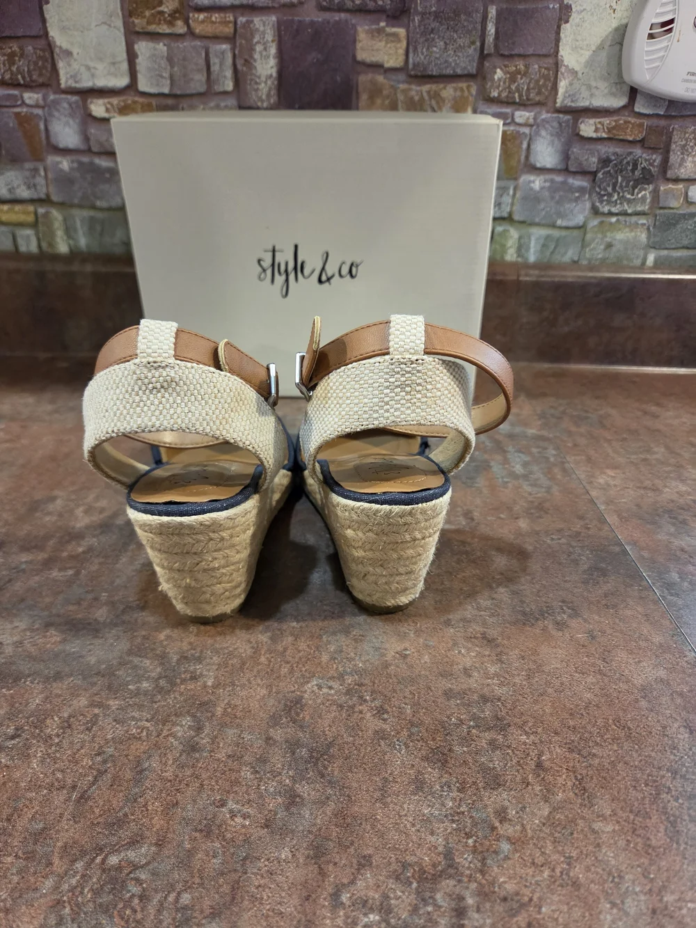 Style & Co. Navy Espadrille Slingback Wedges with Tan Straps